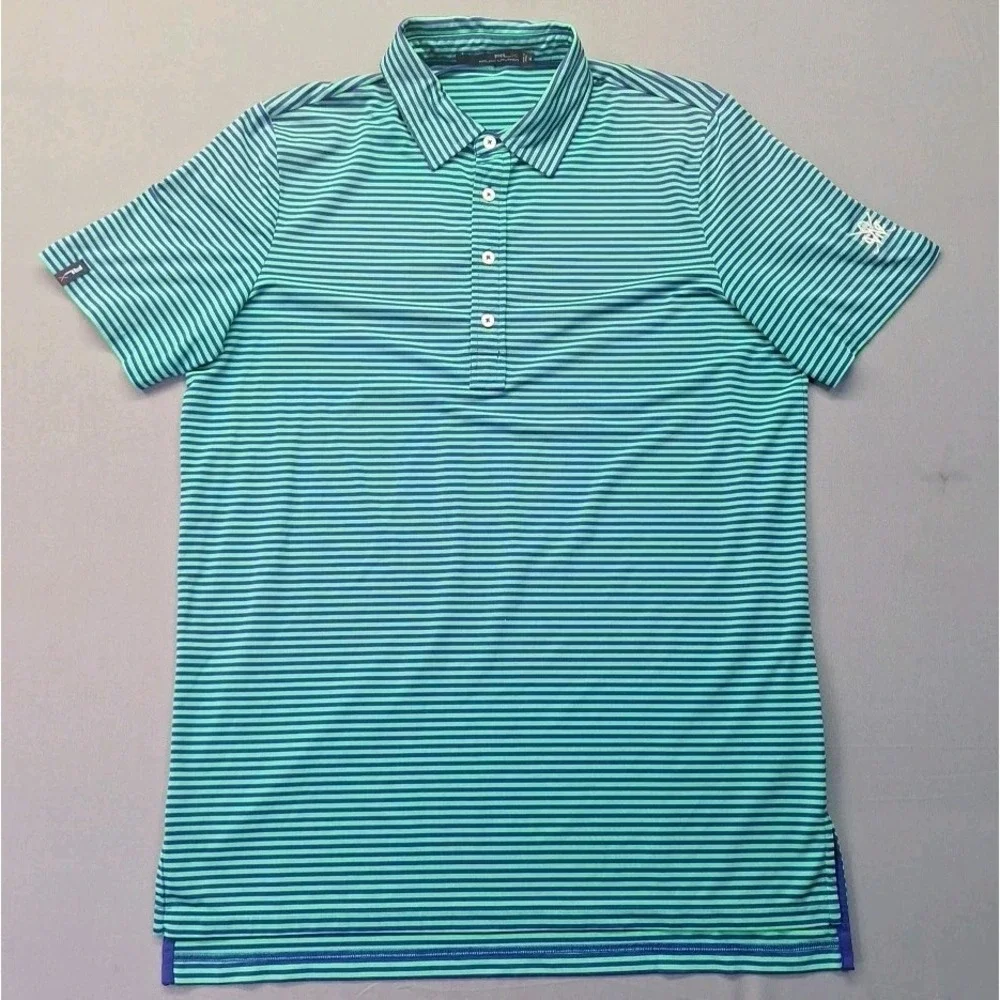 RLX Ralph Lauren Polo Shirt Mens Medium Blue Green Striped‎ Golf Wicking Preppy
